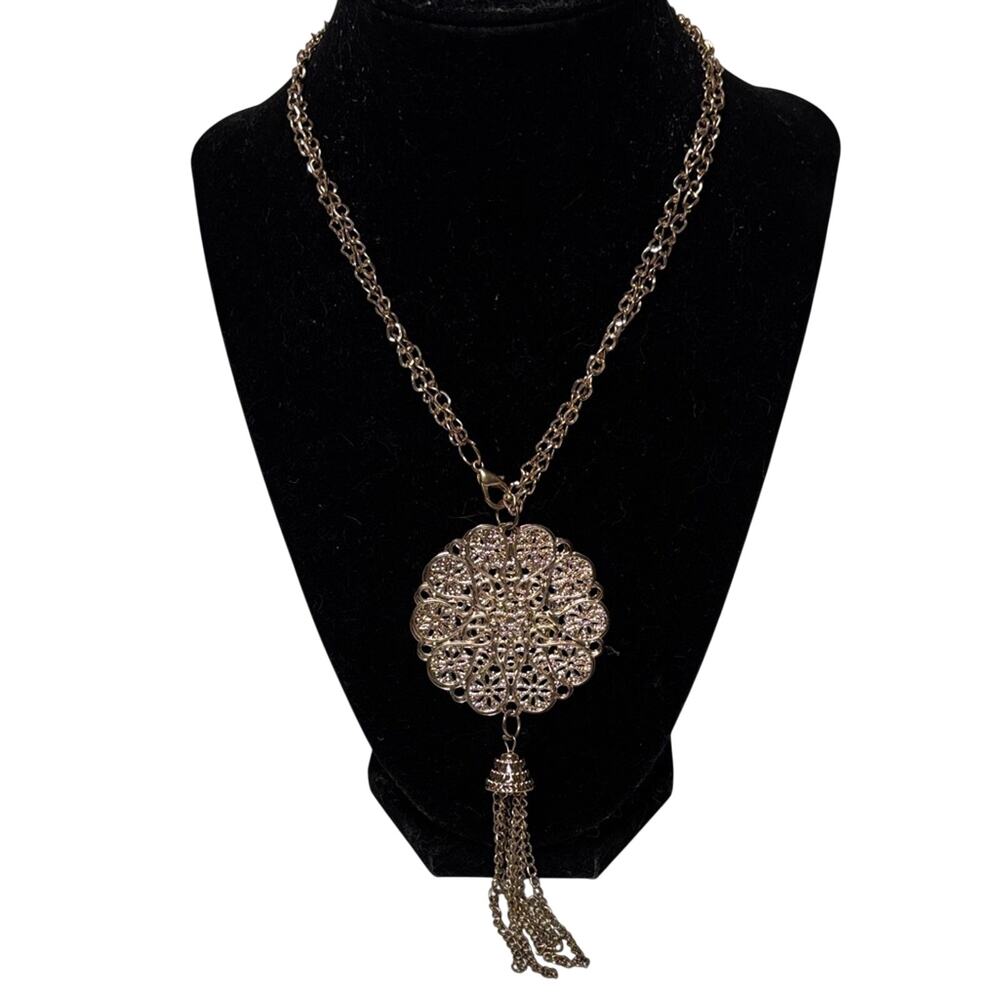 Vintage Gold Tone Filigree Medallion Tassel Necklace Statement Pendant